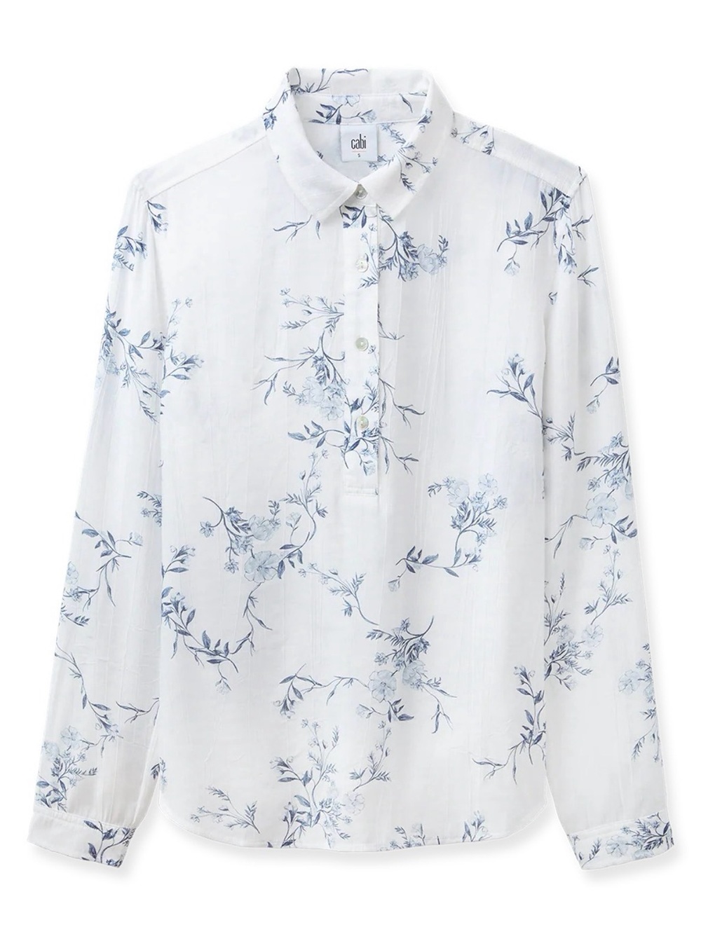 NWOT! CAbi Wildflower White Blouse with Blue Floral Print Sz.L